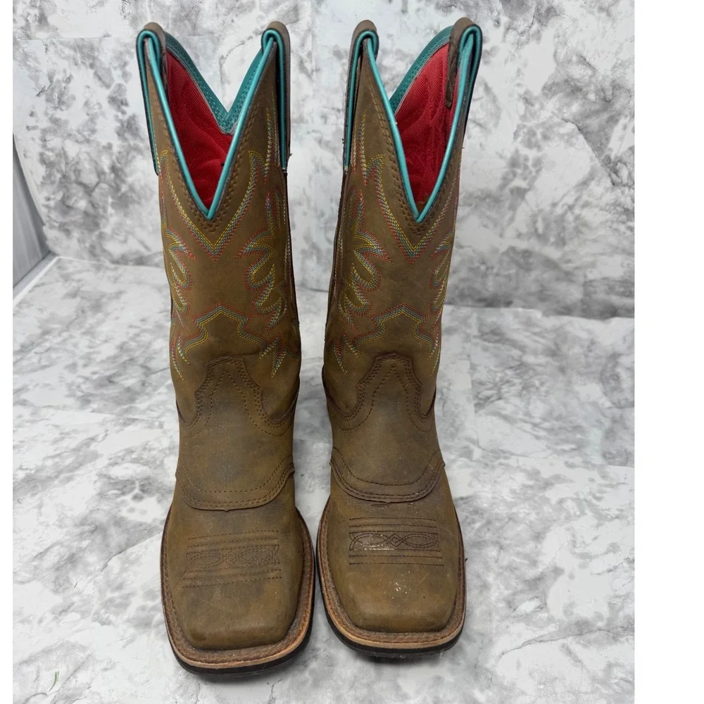 Ariat Fatbaby Western Boots Brown Leather Square Toe Turquoise Trim festival -7
